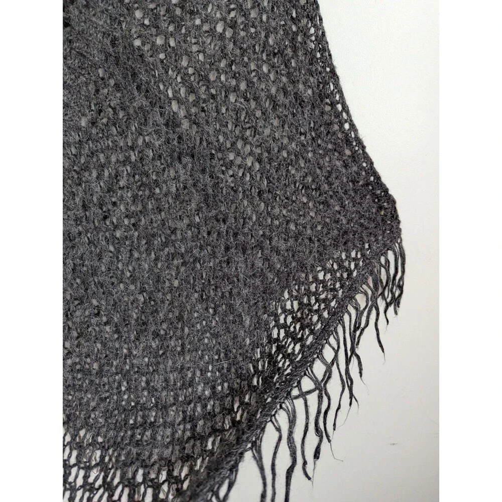 Y2K Cobweb Crochet Poncho Wool Mohair Blend Boho Retro Hippy Fuzzy Soft Gray S M